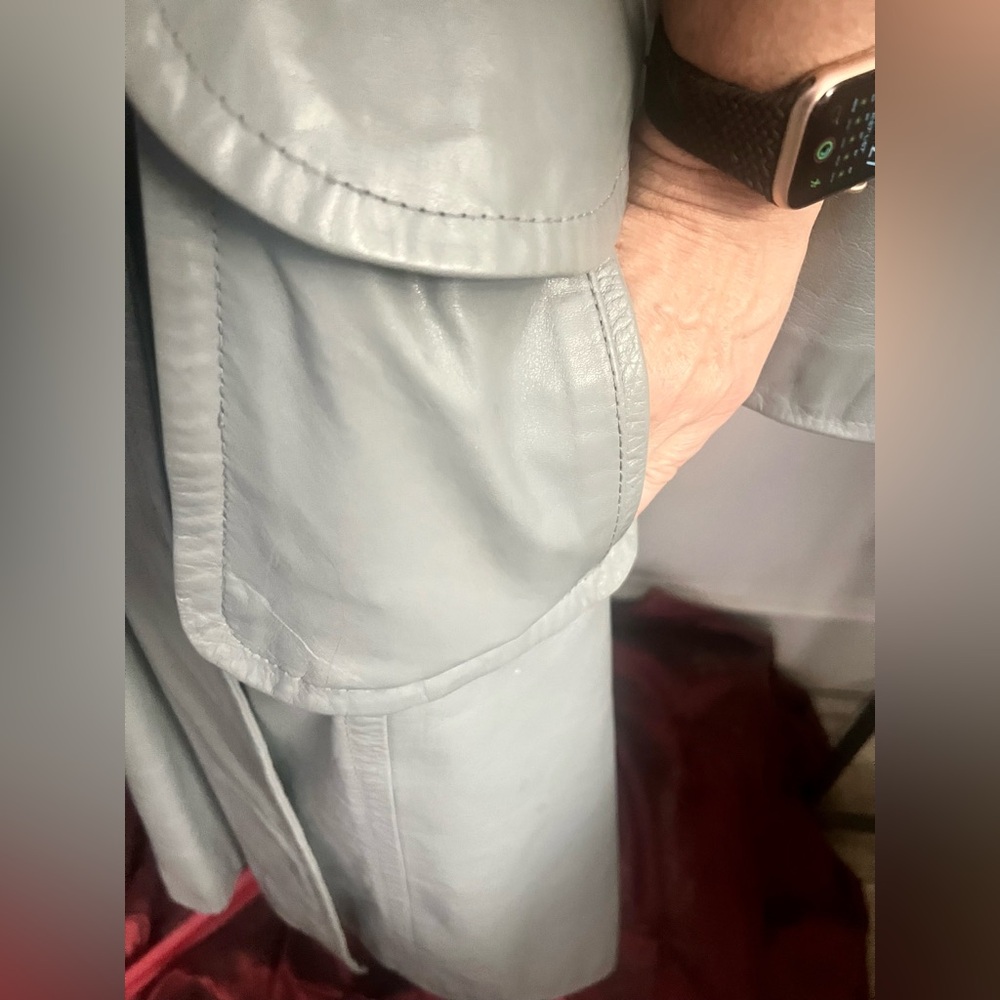 Vintage The Tannery Montgomery Wards Women's leather Gray Trench Coat size 13/14 - Picture 4 of 12